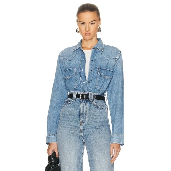 Citizens of Humanity Cropped Western Shirt in Carolina Blue X-Small New Denim - Picture 13 of 15